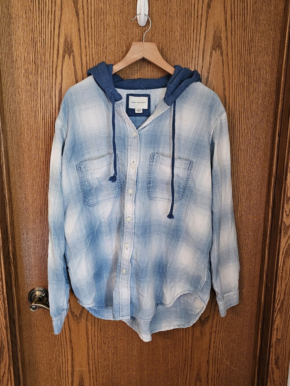 American Eagle Light Blue Plaid Hooded Button-Up Shirt